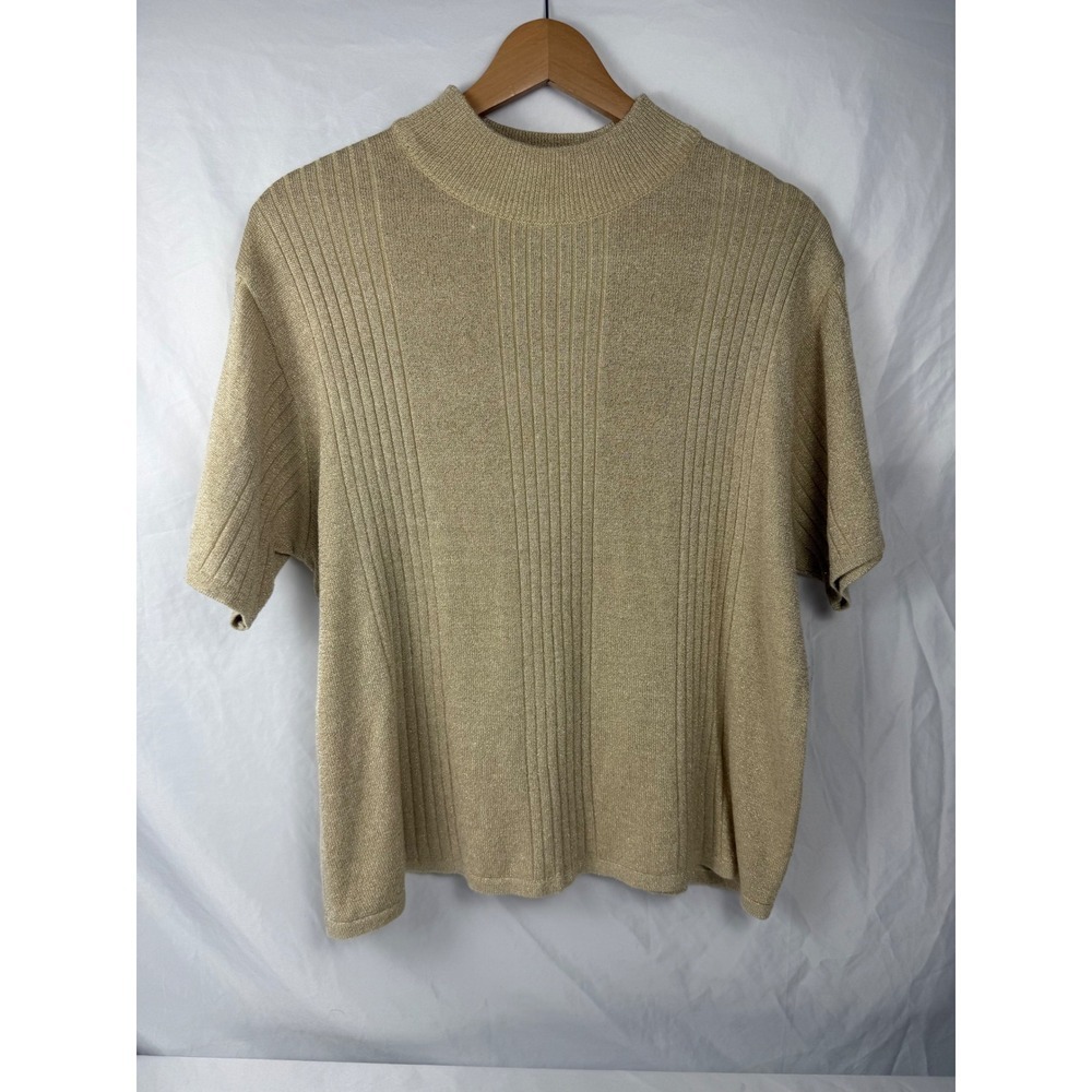 Baxter‎ & Wells XL Gold Metallic Ribbed Mock Neck Short Sleeve Sweater Top